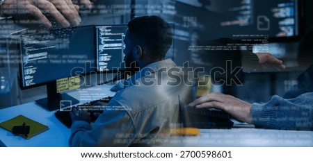 Professional Software Engineer Working with Multiple Monitors Showing Programming Code and Data Analysis, Concept of IT Development, Digital Technology Solutions, and Multitasking in Dark Office.