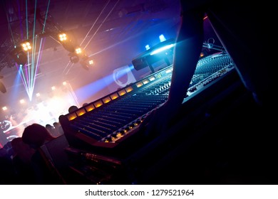 Professional sound engineer console at concert. Remote control for sound engineer. Professional audio sound mixer console and music equipment, electronic device. Remote concert sound engineer at work.