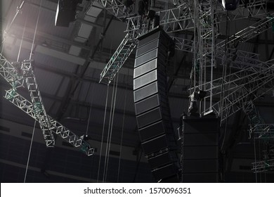 Professional sound speakers. Installation of equipment for performances or concerts - Shutterstock ID 1570096351