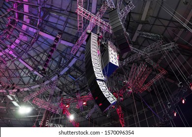 Professional sound speakers. Installation of equipment for performances or concerts - Shutterstock ID 1570096354