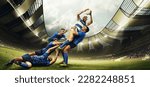 Professional sport. Men, rugby players during game, catching ball at 3D open air stadium. Blurred audience on background. Emotions. Concept of match, sport, competition, action and motion, game, cup.