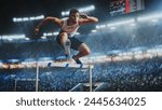 Professional Sport Performance: Talented Male Hurdler Jumping Over Obstacle, Racing Against Time and Setting a New Sprint Record in Front of a Stadium with Cheering Fans During National Competition