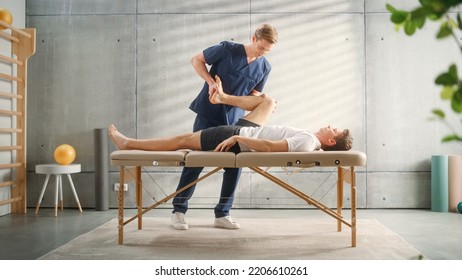 Professional Sport Physiotherapist Working on Specific Muscle Groups or Joints with Young Male Athlete. Sportsman Recovering from Mild Injury. Trauma Prevention Therapy or Rehabilitation.
