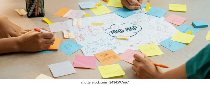 El grupo de emprendimiento profesional comparte ideas creativas de marketing usando el mapa mental. Jóvenes empresarios cualificados hacen una lluvia de ideas sobre el plan de negocios mientras escriben notas adhesivas. Concéntrate en la mano. Primer plano. Variegado.