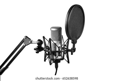 Professional studio microphone attached to shock mount, isolated on white background