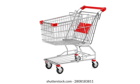 Professional studio shot of empty chrome metal shopping cart featuring red plastic handles and corner protectors, isolated against bright white background for retail
