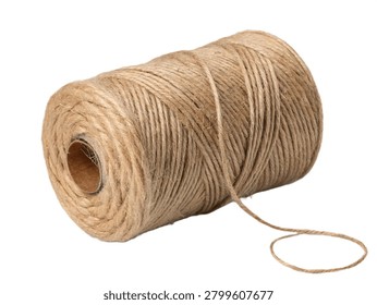 A professional studio shot of a rustic jute twine roll wrapped around a cardboard core with a loose thread end, as shown in ultra-realistic-jute-twine-roll-isolated-on-transp.jpg. The commercial craft asset is cleanly isolated on a transparent background for versatile design use.