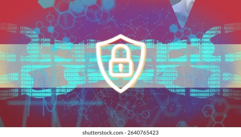 Professional in suit holding tablet revealing shield with padlock in cyber network, streaming code. Cybersecurity, digital, technology, security, protection, network, data