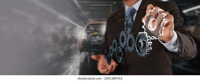 A professional in a suit interacts with a digital interface, showcasing gear icons and an EV car on an assembly line. This image represents the use of AI technology in the electric vehicle industry