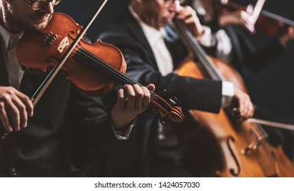 Professional Symphonic String Orchestra Performing On Stage And Playing A Classical Music Concert, Violinist In The Foreground