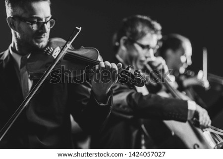 Professional symphonic string orchestra performing on stage and playing a classical music concert, violinist in the foreground