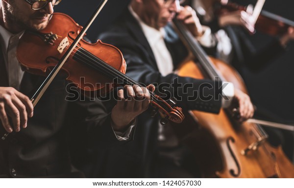 Professional symphonic string orchestra\
performing on stage and playing a classical music concert,\
violinist in the\
foreground