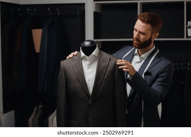 Professional tailor creating high quality tailored suit in luxury tailoring atelier. Concept fashion couturier handmade jackets.