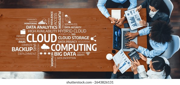 A professional team discussing cloud computing solutions, focusing on data analytics, hybrid storage, and security practices to enhance business operations and collaboration. Amity