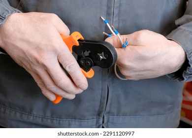 Professional technician crimps a multi-core cable using crimping tool into the tips in workshop. Electrical installation works. - Powered by Shutterstock