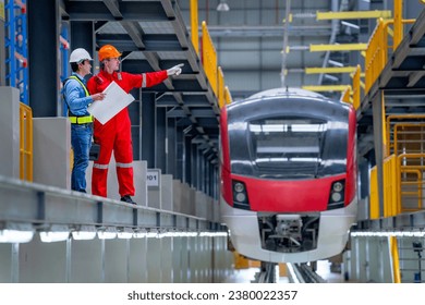 Professional technician point to right direction and discuss with engineer near railroad tracks of electrical or sky train in factory workplace.