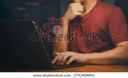 Professional thinking about AI artificial intelligence error and machine learning problem. Digital brain with language translation symbols for global communication technology.