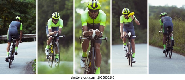 Professional Triathlete Cycling Outdoors On Open Road On Bright Summer Day. Concept Of Healthy Lifestyle, Sport, Motion, Activity. Lifestyle Collage