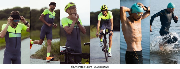 Professional Triathlete Cycling, Running, Swimming Outdoors On Bright Summer Day. Concept Of Healthy Lifestyle, Sport, Motion, Activity. Lifestyle Collage