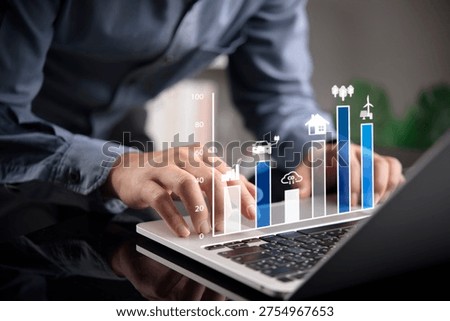 Professional typing laptop analyzing virtual ESG bar chart green energy carbon footprint reduction corporate sustainability concept.