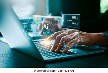 Professional Using AI-Powered Laptop and Smartphone to Analyze Data Insights and Marketing Analytics with Holographic Graphs and Infographics, Showcasing Advanced Technology and Future Digital - Powered by Shutterstock