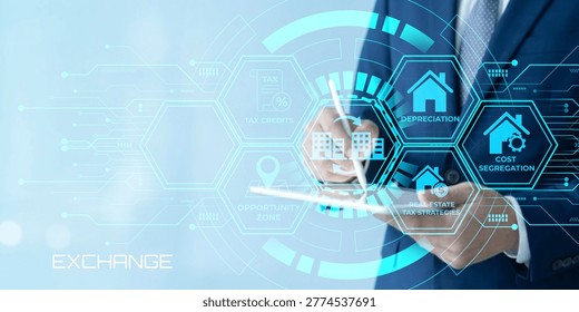 Professional using digital interface to illustrate real estate tax strategies including depreciation cost segregation and exchange concepts