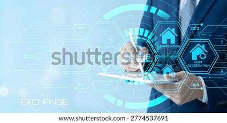 Professional using digital interface to illustrate real estate tax strategies including depreciation cost segregation and exchange concepts