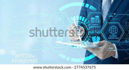 Professional using digital interface illustrating bitcoin investing strategies and blockchain technology concepts
