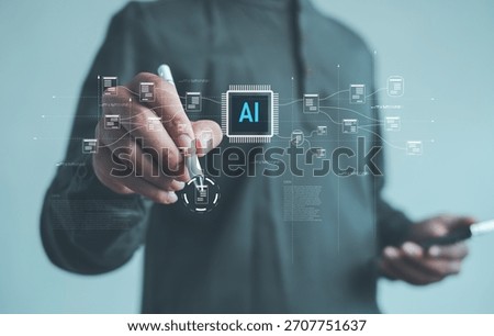 professional using a digital interface to interact with AI-powered data processing and automation workflow, showcasing modern artificial intelligence technology and smart innovation.