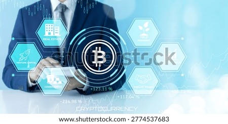 Professional using digital interface showcasing cryptocurrency investment opportunities across various sectors like real estate venture capital commodities and finance