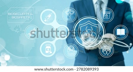 Professional using digital interface showcasing biosecurity biosafety concepts with medical and scientific icons