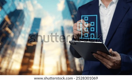 A professional using a digital tablet to analyze real estate opportunities, with a modern city skyline in the background. Ideal for showcasing tech in property management.