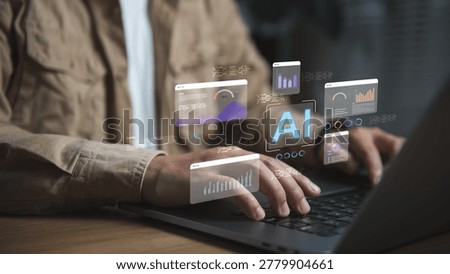 Professional using laptop with AI analytics dashboard, data visualization interface, representing artificial intelligence, business intelligence, automation technology and digital workflow solutions.