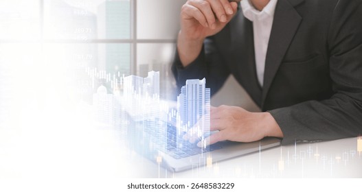 Professional using a laptop to analysis about business real estate properties online.  digital transformation in the housing market. online property search, finance industries.