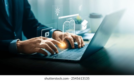 Professional Using Laptop with E-Learning Platform Displaying Virtual Education Icons, Representing Online Learning, Distance Education, and Tools for Enhancing Student Success in Digital Classrooms