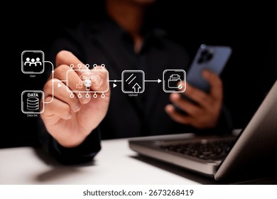 A professional using a smartphone interacts with a visual data flow related to cloud computing and data management in a dark environment.