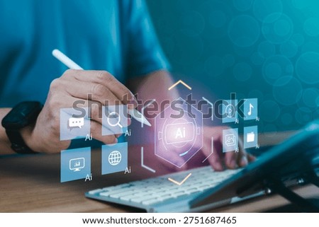 Professional using tablet with artificial intelligence application dashboard featuring search, communication, analytics and media icons for AI software solutions and digital platform integration