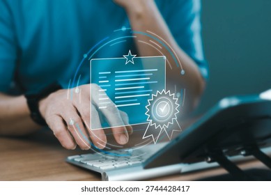 Professional using tablet with virtual certificate, badge and approval seal icons for online certification process, digital credential verification, compliance validation and quality accreditation system