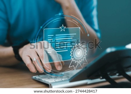 Professional using tablet with virtual certificate, badge and approval seal icons for online certification process, digital credential verification, compliance validation and quality accreditation system