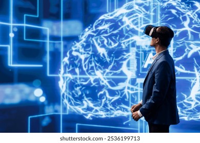 IT professional using VR headset, programming artificial intelligence computing simulating human brain. Admin uses virtual reality technology to build AI machine learning algorithms - Powered by Shutterstock