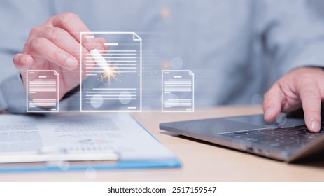Professional utilizes digital tools to create and manage documents seamlessly image captures convergence of traditional paperwork and modern technology, an efficient workflow