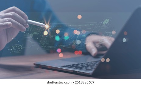 A professional utilizes a sleek laptop, engaging with an innovative digital interface that showcases data analytics and visualization, enhancing decision-making through advanced technology