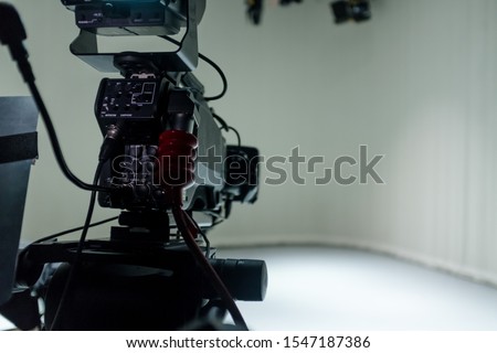 Professional Video Camera Equipment & Lens. Recording Show in TV Studio. – Image