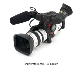 A Professional Video Camera Isolated Against A White Background