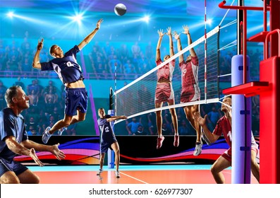Professional volleyball players in action on the grand court