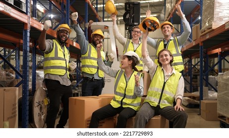 Professional Warehouse Worker Team Celebrating Success In Warehouse Factory, Cheerful Workers Having Fun At Work, Happiness At Job, Concept Of Success, Happy Team Enjoying Their Successful Job