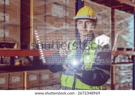 professional warehouse worker using inventory digital technology program cargo management software application concept,