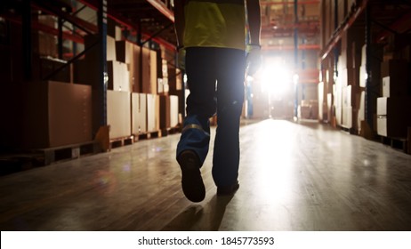 Professional Warehouse Worker Wearing Safety West Walking Through The Strorage Facility, Distribution, Delivery Center. Emotional, Moody Back View Silhouette Shot - Powered by Shutterstock