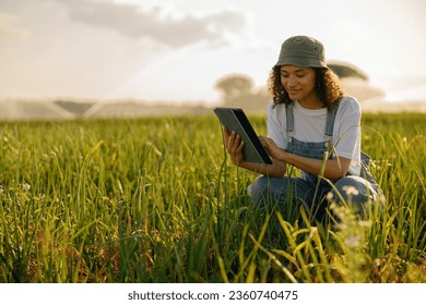 Professional woman agronomist with digital tablet works in field. High quality photo - Powered by Shutterstock