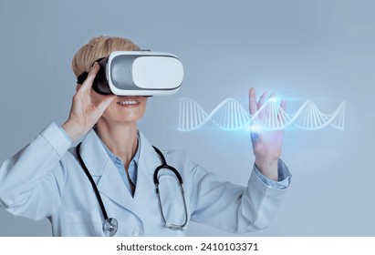 Professional woman doctor in VR glasses studying blue glowing virtual human DNA strand, using futuristic CRISPR method for patients, enjoying augmented reality technologies, blue studio background - Powered by Shutterstock